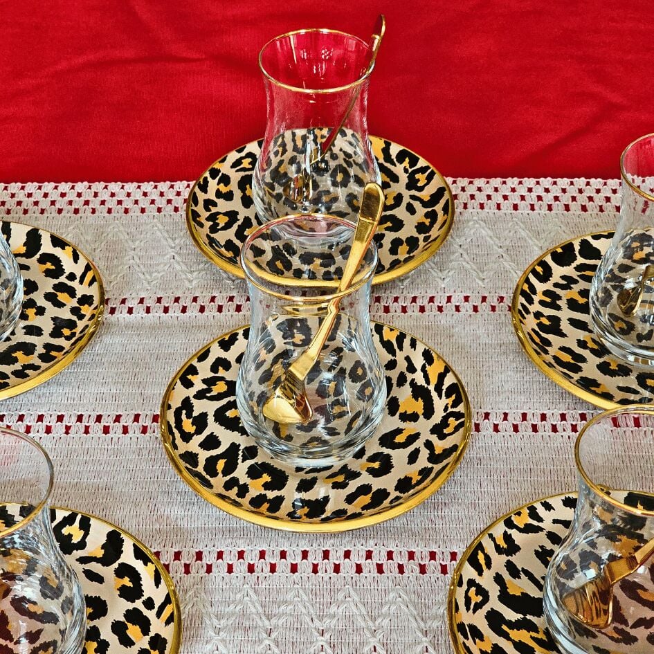 Glore Leopar Somon Altın Yaldızlı Çay Bardağı Seti