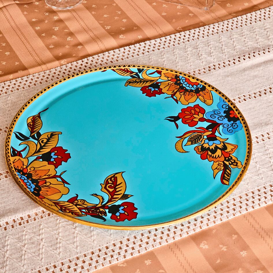 Glore Lorena Asorti Altın Yaldızlı Cam Tepsi (Turkuaz)
