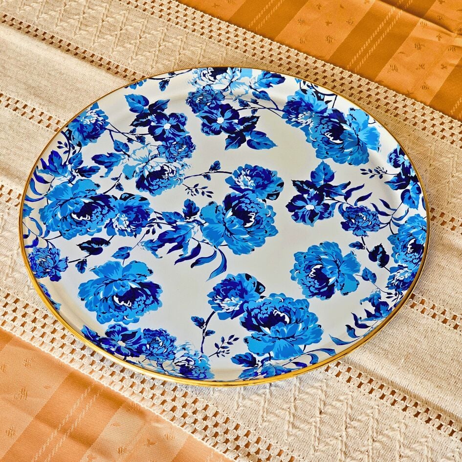 Glore Blue Rose Altın Yaldızlı Cam Tepsi 
