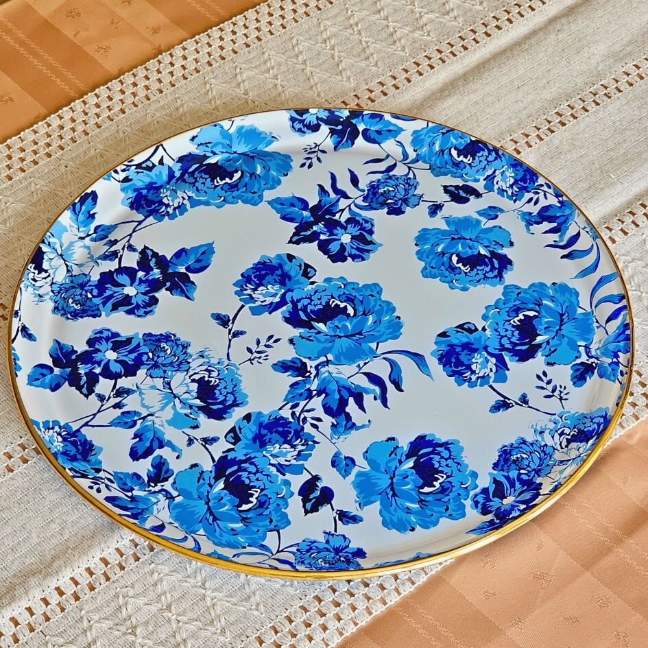 Glore Blue Rose Altın Yaldızlı Cam Tepsi 