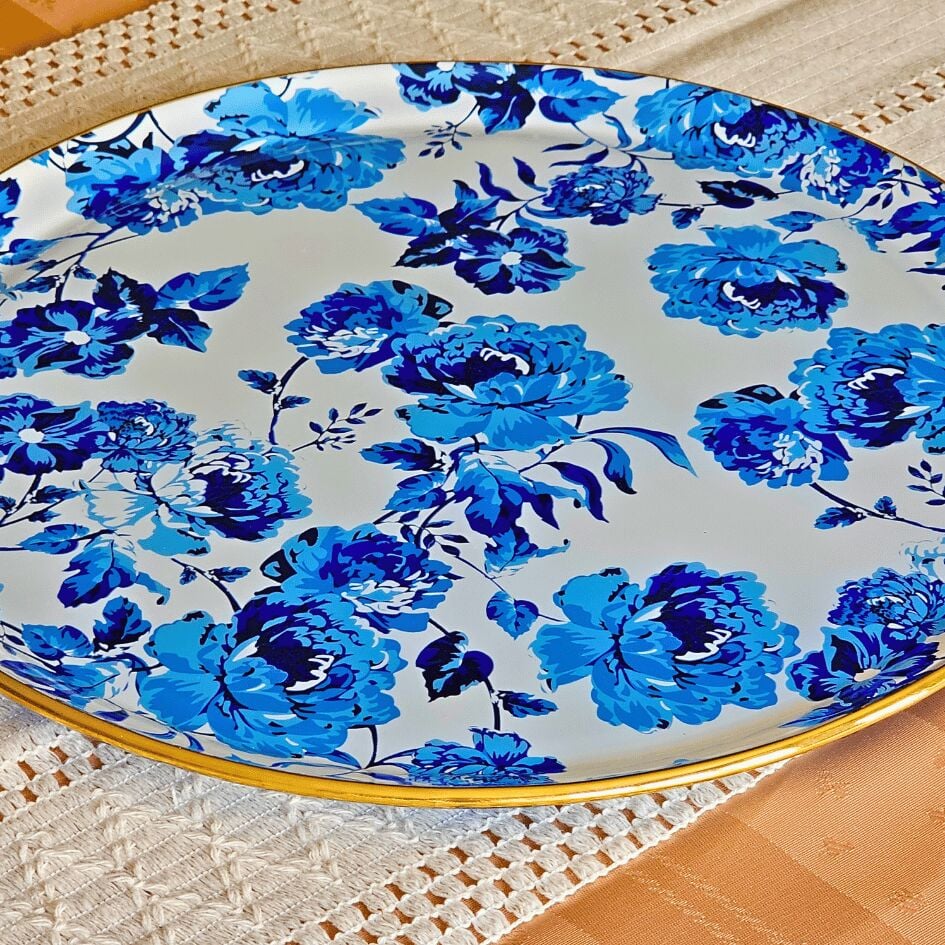 Glore Blue Rose Altın Yaldızlı Cam Tepsi 
