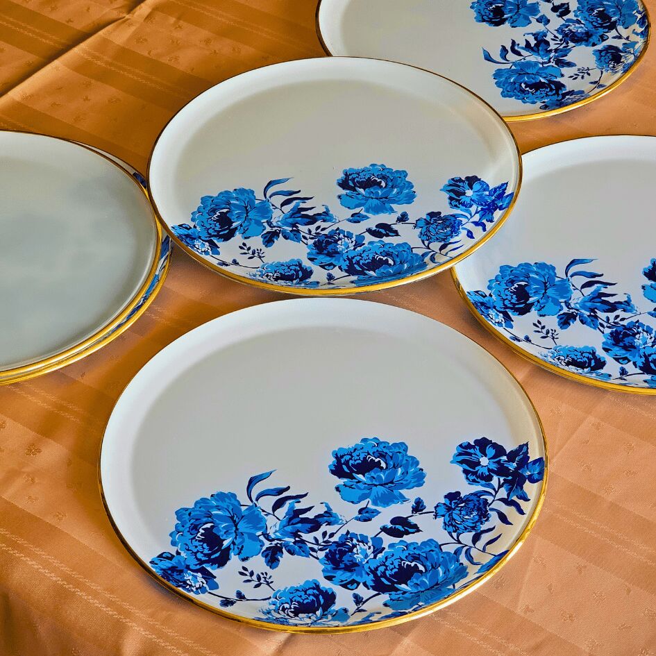Glore Blue Rose Altın Yaldızlı Cam 6 Kişlik Servis Tabağı Seti