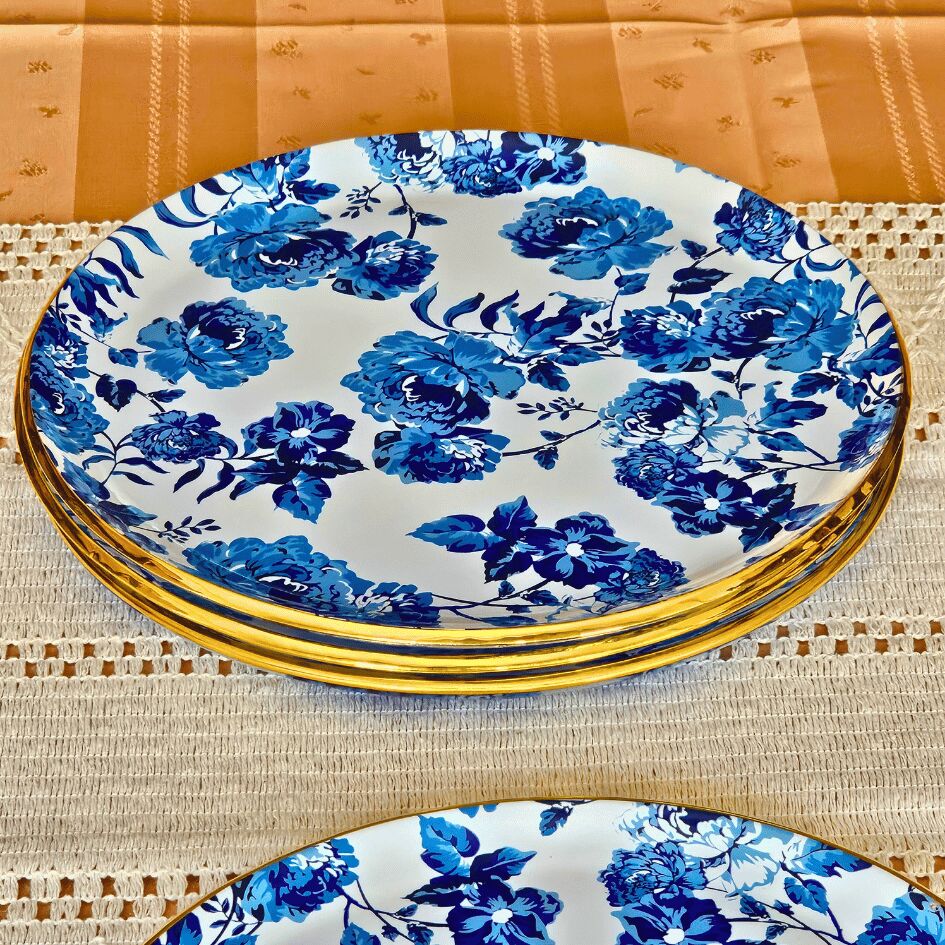 Glore Blue Rose Altın Yaldızlı Cam 6 Kişlik Pasta Tabağı Seti