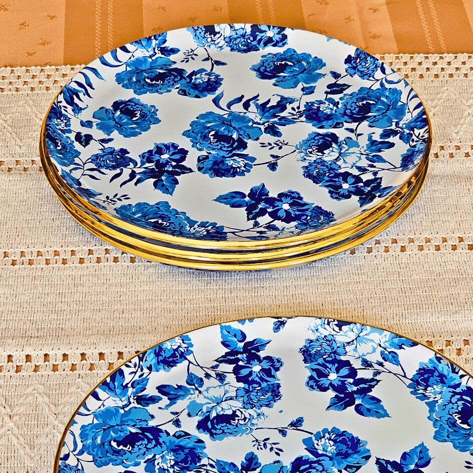 Glore Blue Rose Altın Yaldızlı Cam 6 Kişlik Pasta Tabağı Seti