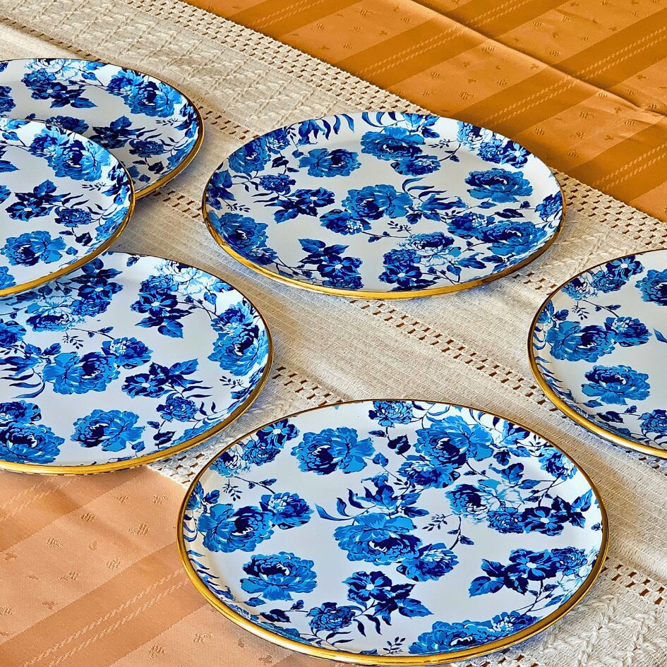 Glore Blue Rose Altın Yaldızlı Cam 6 Kişlik Pasta Tabağı Seti