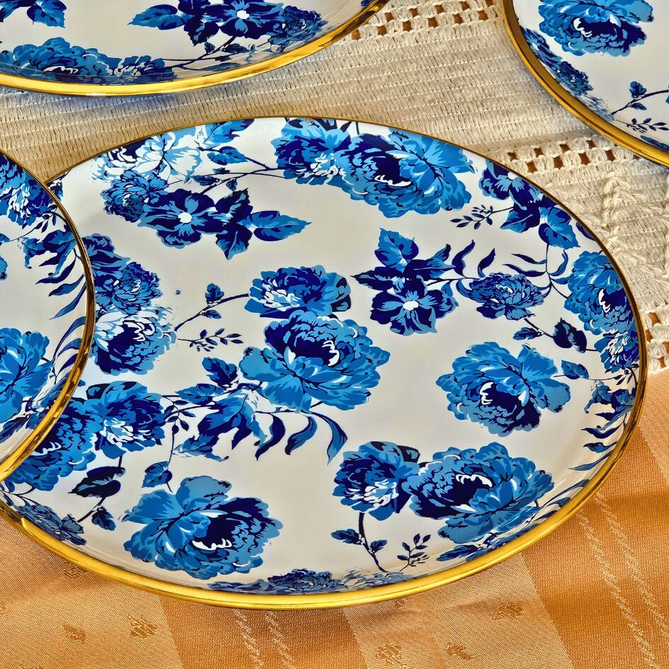 Glore Blue Rose Altın Yaldızlı Cam 6 Kişlik Pasta Tabağı Seti