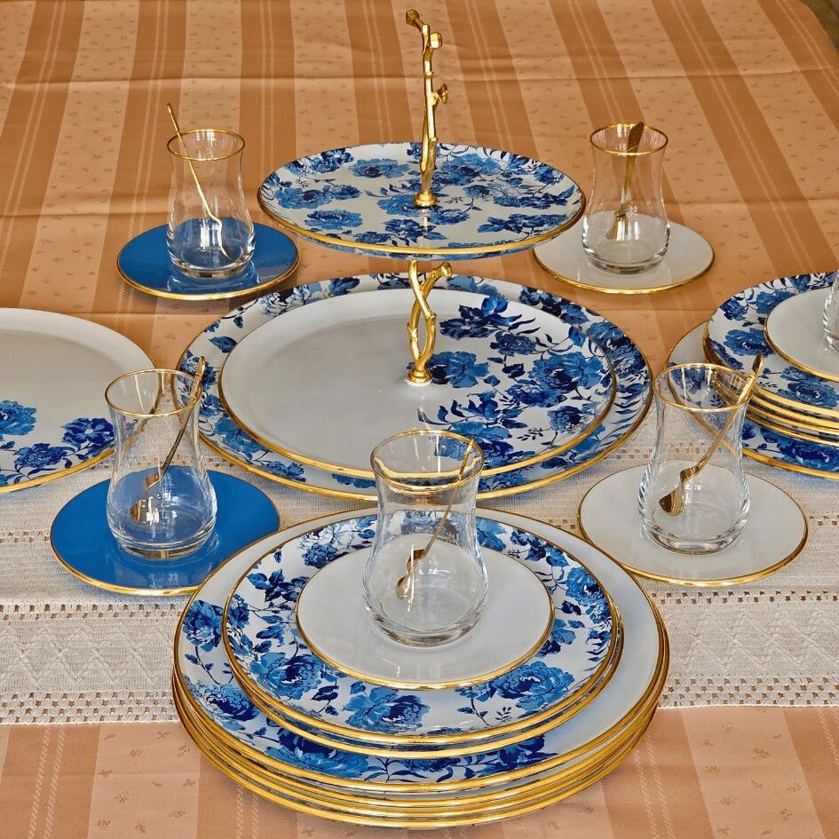 Glore Blue Rose 28  Parça Cam Çay İkram Takımı