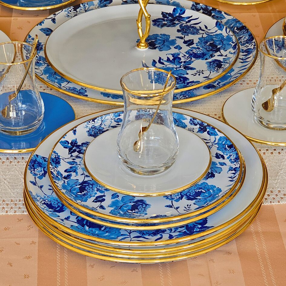 Glore Blue Rose 28  Parça Cam Çay İkram Takımı