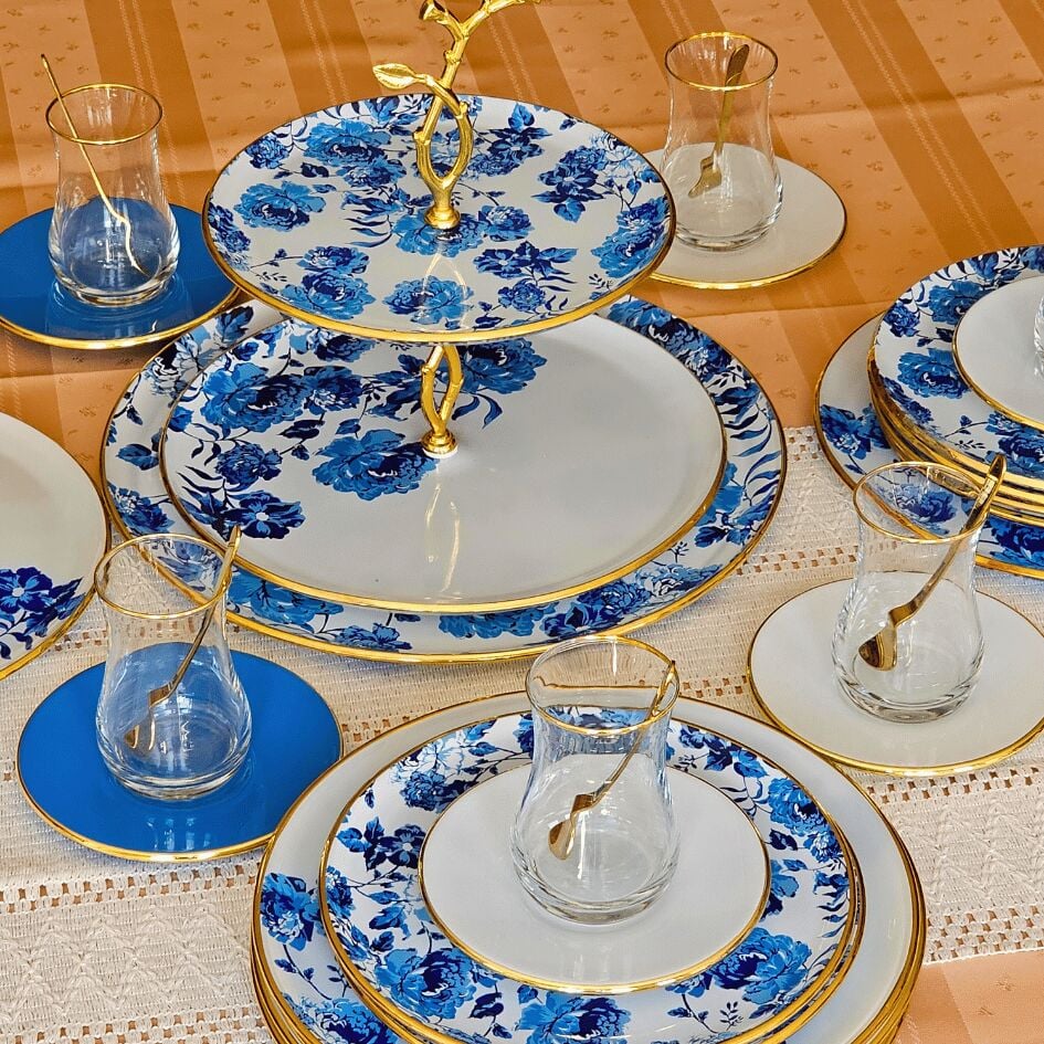 Glore Blue Rose 28  Parça Cam Çay İkram Takımı