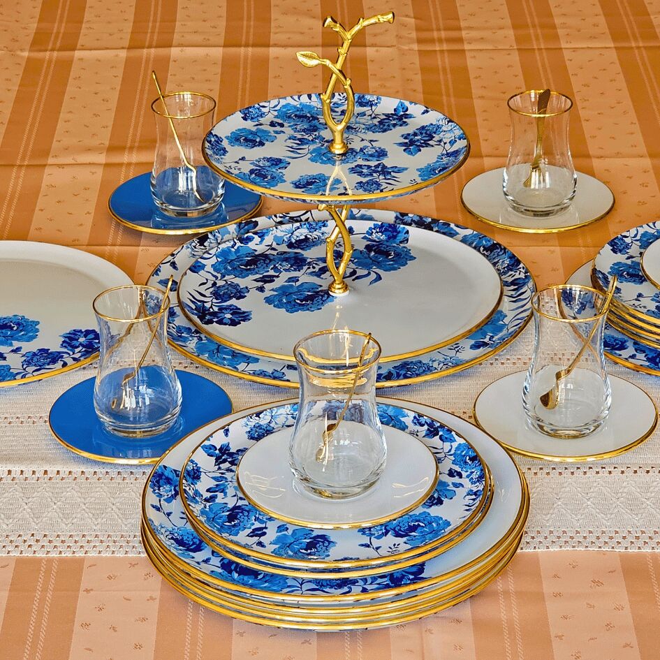 Glore Blue Rose 28  Parça Cam Çay İkram Takımı