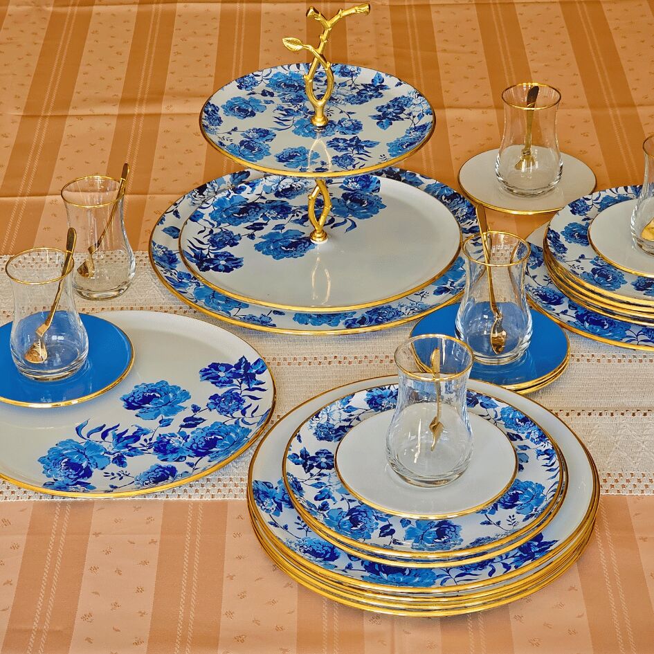 Glore Blue Rose 28  Parça Cam Çay İkram Takımı