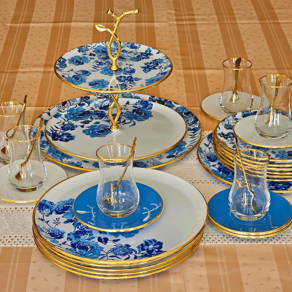 Glore Blue Rose 28  Parça Cam Çay İkram Takımı