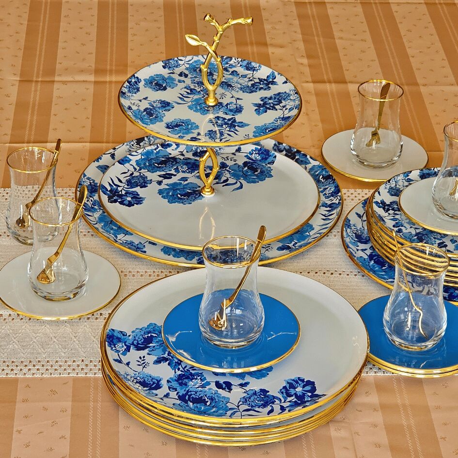 Glore Blue Rose 28  Parça Cam Çay İkram Takımı