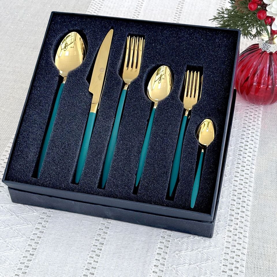 Glore Paris 36 Parça 6 Kişilik Çatal Kaşık Bıçak Takımı Gold-Yeşil