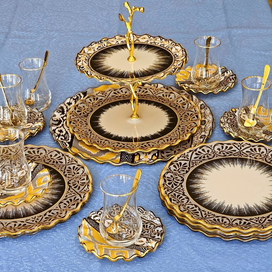 Glore Vintage Altın Yaldızlı Cam 22 Parça Çay İkram Takımı Full Set