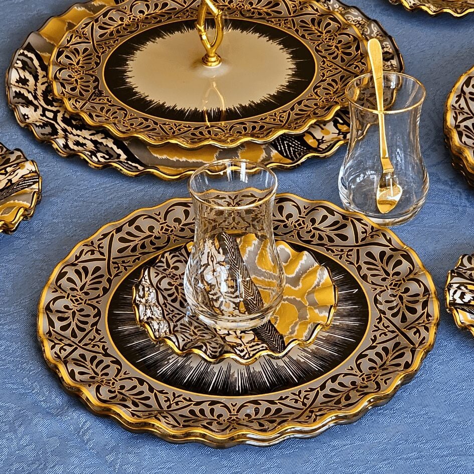 Glore Vintage Altın Yaldızlı Cam 22 Parça Çay İkram Takımı Full Set