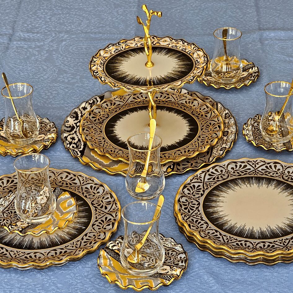 Glore Vintage Altın Yaldızlı Cam 22 Parça Çay İkram Takımı Full Set