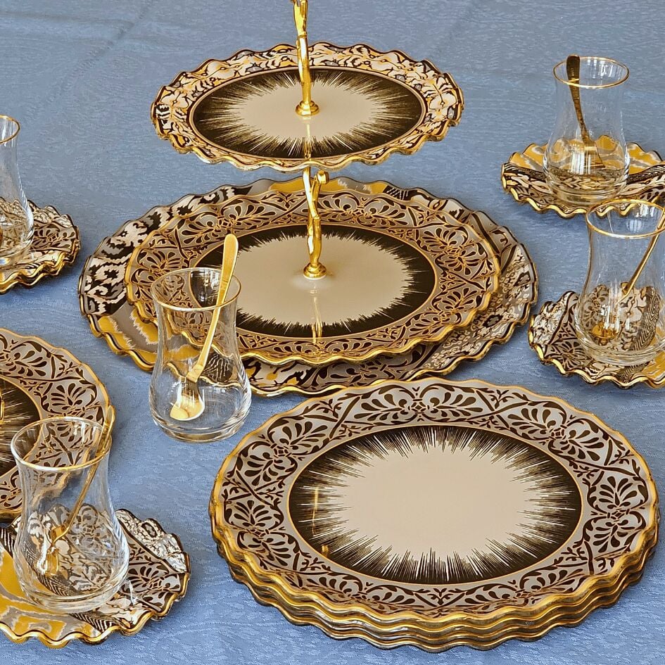 Glore Vintage Altın Yaldızlı Cam 22 Parça Çay İkram Takımı Full Set
