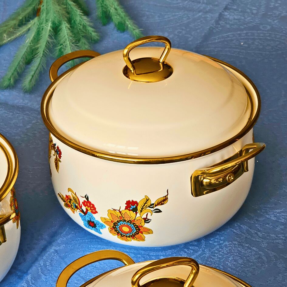 Glore Lorena Beyaz 6 Parça Küçük Emaye Tencere Takımı 20cm - 18cm - 16cm