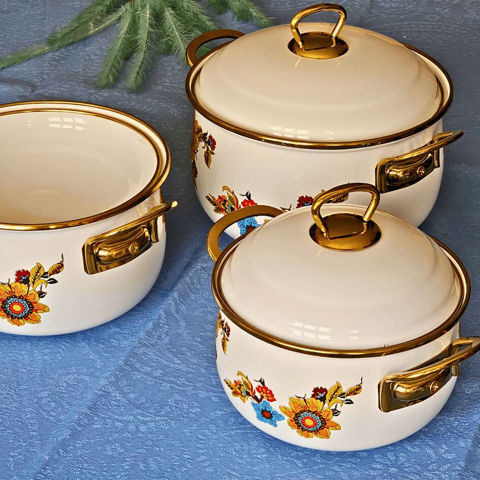 Glore Lorena Beyaz 6 Parça Küçük Emaye Tencere Takımı 20cm - 18cm - 16cm