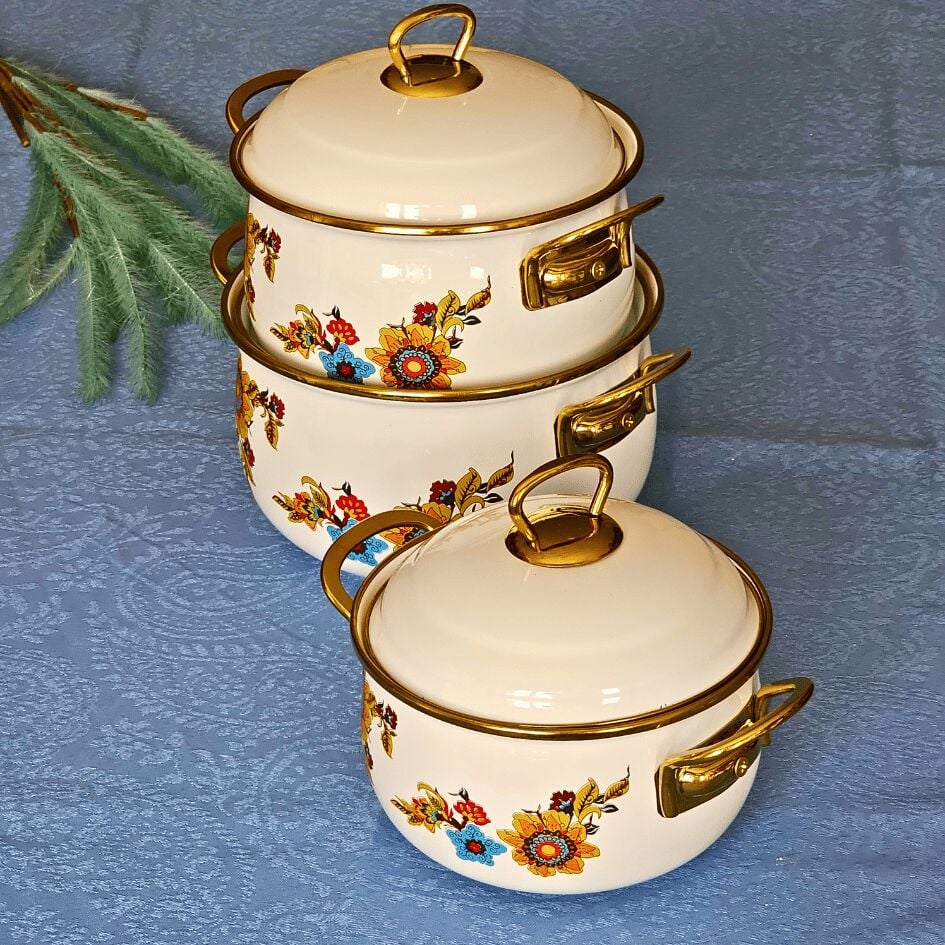 Glore Lorena Beyaz 6 Parça Küçük Emaye Tencere Takımı 20cm - 18cm - 16cm