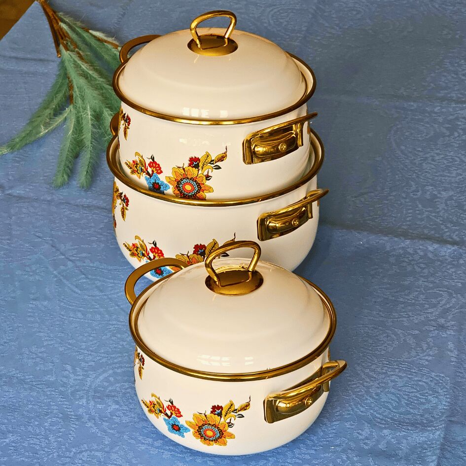 Glore Lorena Beyaz 6 Parça Küçük Emaye Tencere Takımı 20cm - 18cm - 16cm