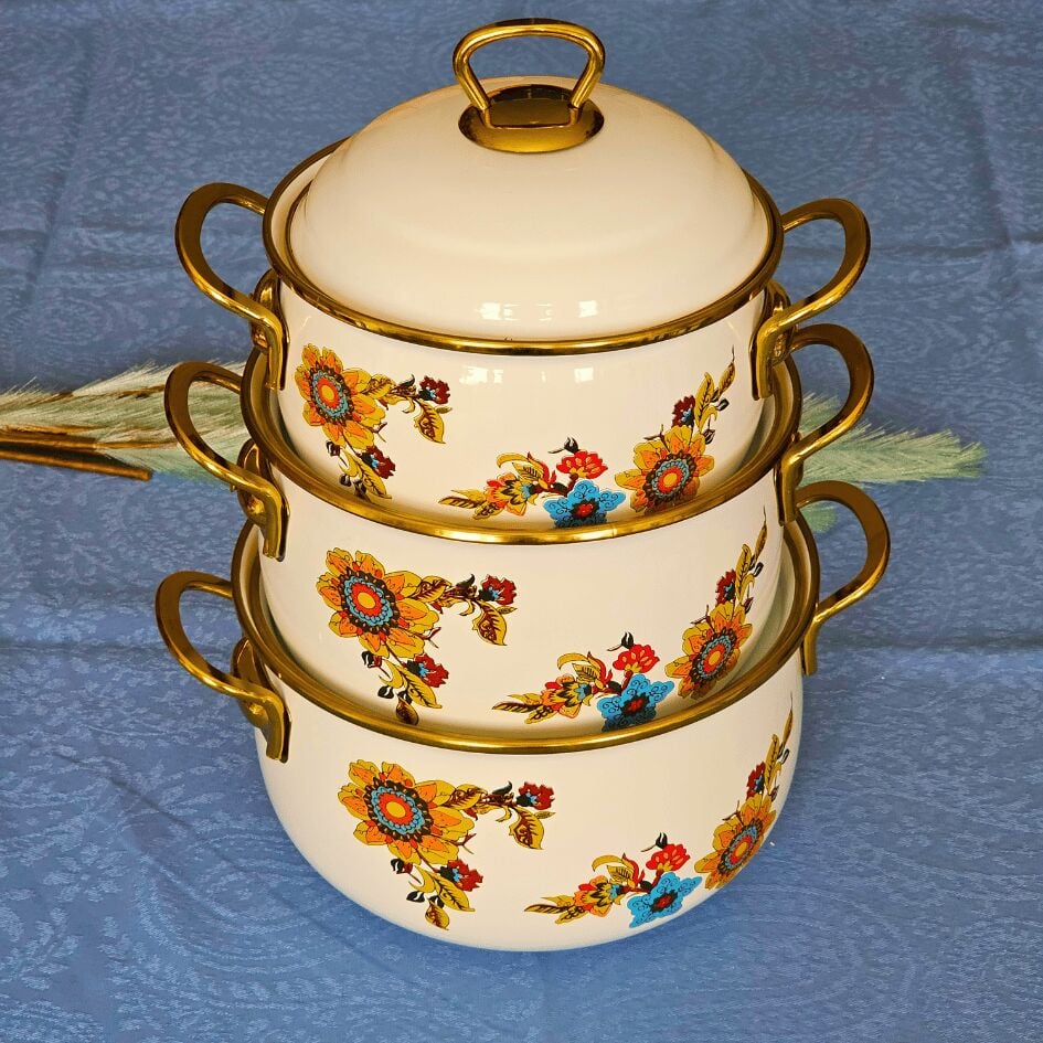 Glore Lorena Beyaz 6 Parça Küçük Emaye Tencere Takımı 20cm - 18cm - 16cm