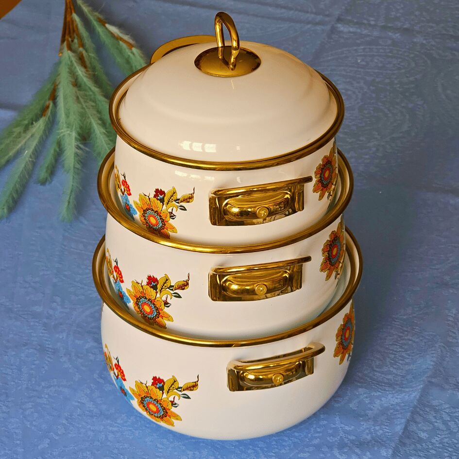 Glore Lorena Beyaz 6 Parça Küçük Emaye Tencere Takımı 20cm - 18cm - 16cm