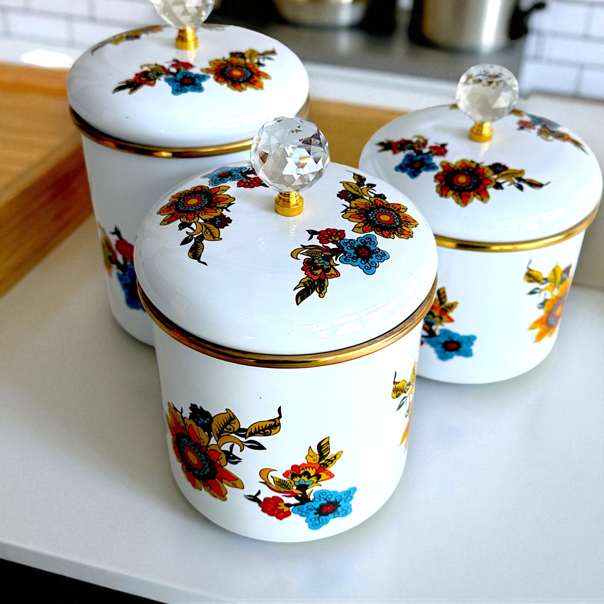 Glore Lorena Beyaz Emaye 3'lü Kavanoz - Baharatlık Takımı