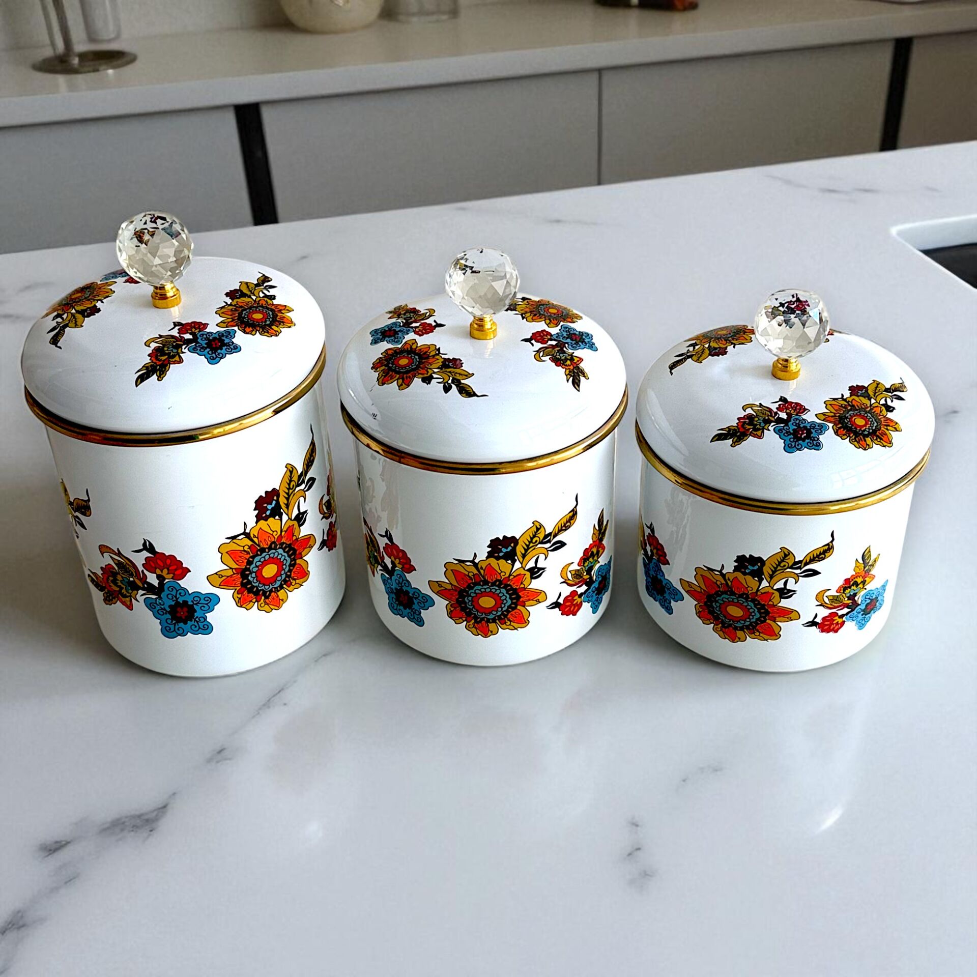 Glore Lorena Beyaz Emaye 3'lü Kavanoz - Baharatlık Takımı