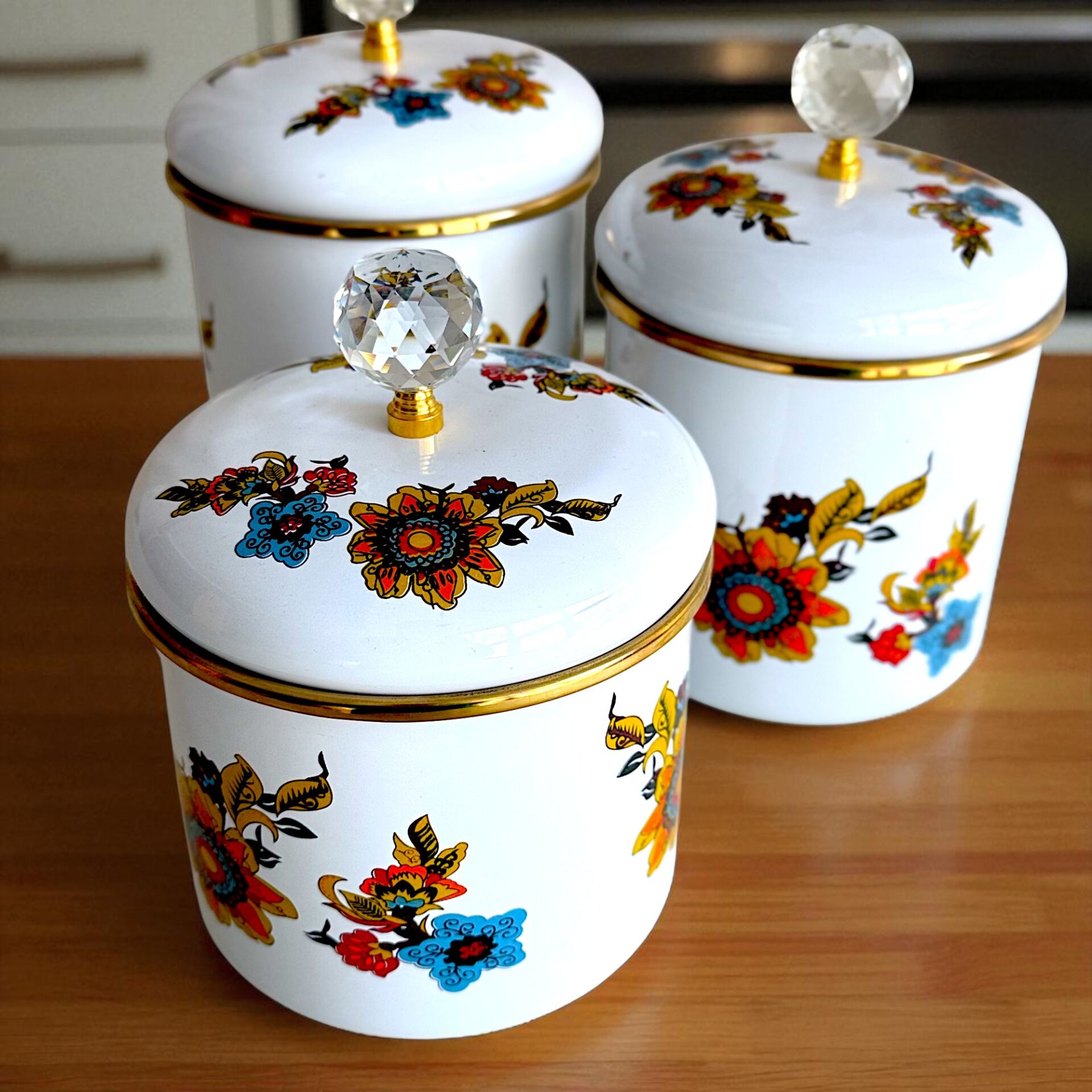 Glore Lorena Beyaz Emaye 3'lü Kavanoz - Baharatlık Takımı