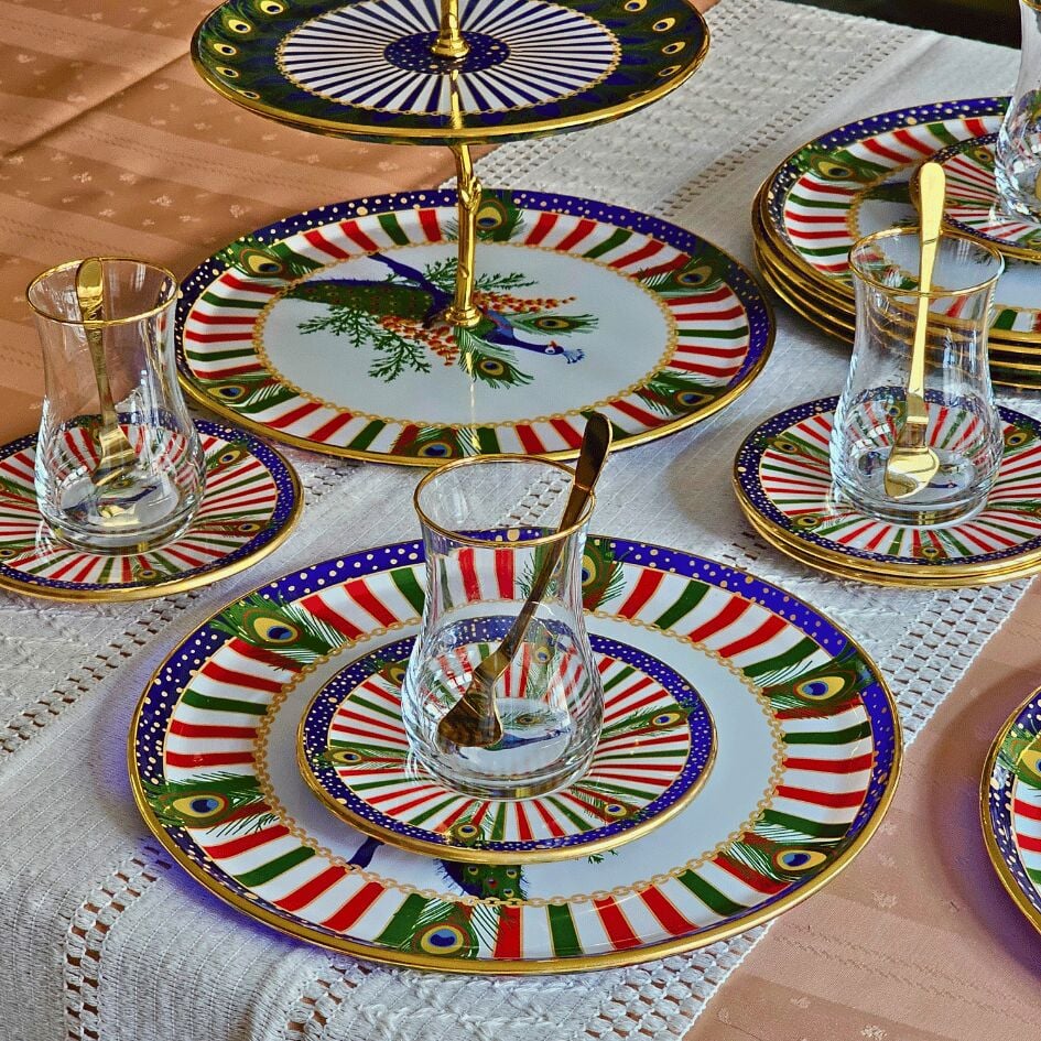 Glore Tavus Kuşu Altın Yaldızlı 19 Parça Cam Servis İkram Seti