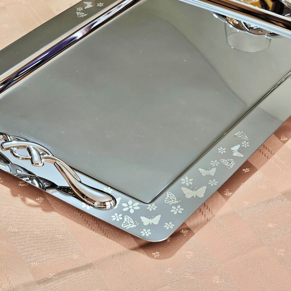 Kelebek Saten Platin Tekli 1MM Paslanmaz Çelik Tepsi 18/14