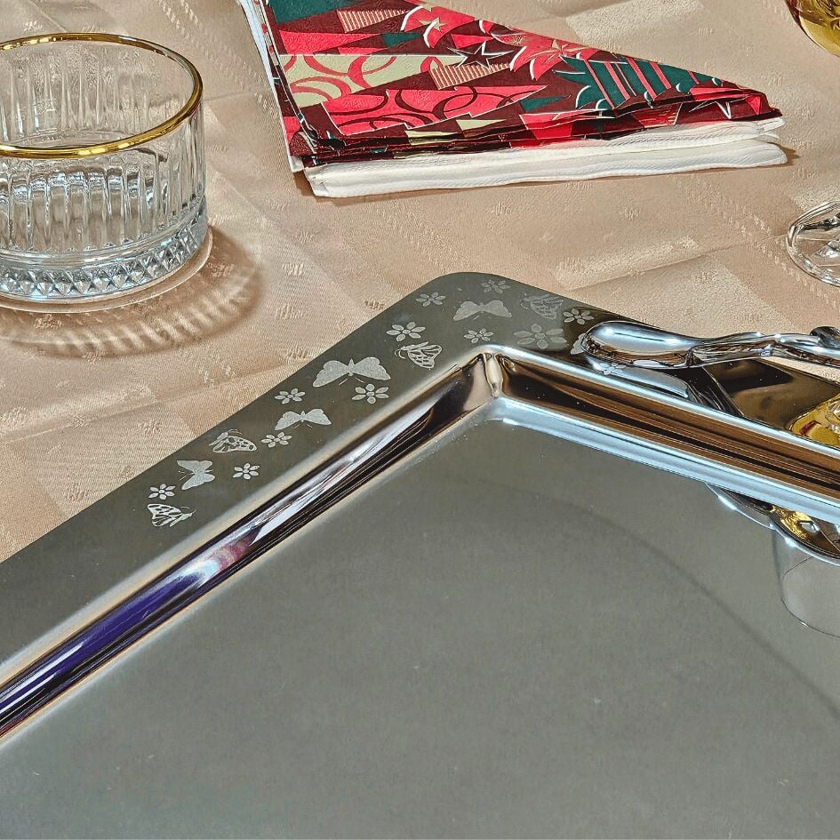 Kelebek Saten Platin Tekli 1MM Paslanmaz Çelik Tepsi 18/14