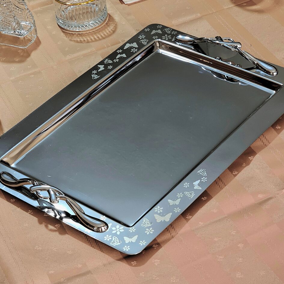 Kelebek Saten Platin Tekli 1MM Paslanmaz Çelik Tepsi 18/14