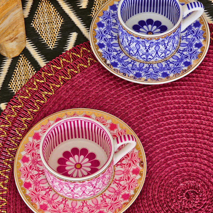 By Como Renkli 2 Kişilik Porselen Fincan Takımı (Mavi-Pembe)
