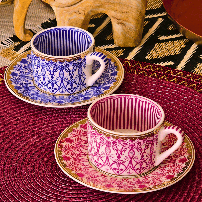 By Como Renkli 2 Kişilik Porselen Fincan Takımı (Mavi-Pembe)