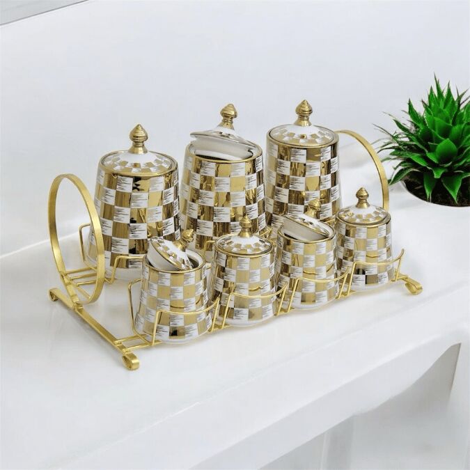 Sudedi Home Tutku Canister 7Li Porselen Standlı Baharat Kavanoz Takımı PXM2602GC-7/S