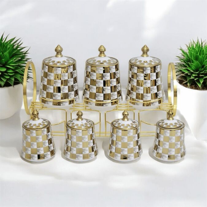 Sudedi Home Tutku Canister 7Li Porselen Standlı Baharat Kavanoz Takımı PXM2602GC-7/S