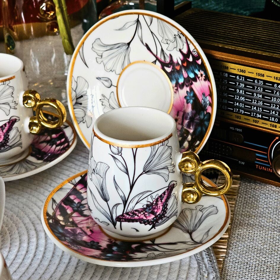 Floral Renkli Yaldızlı 6 Kişilik Kahve Fincan Takımı Por-101737