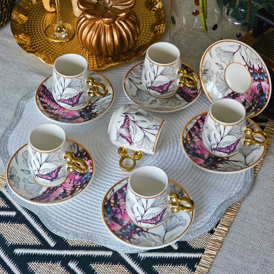 Floral Renkli Yaldızlı 6 Kişilik Kahve Fincan Takımı Por-101737