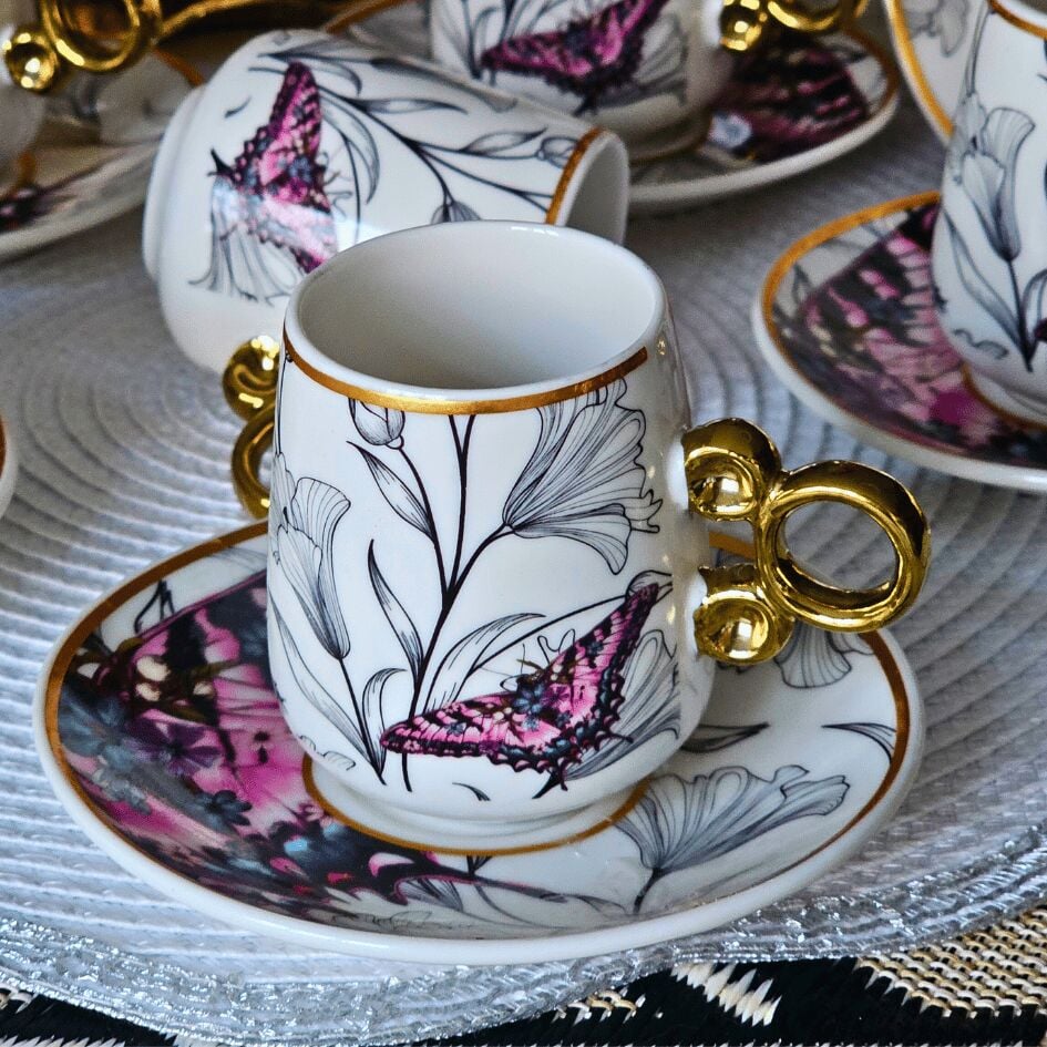 Floral Renkli Yaldızlı 6 Kişilik Kahve Fincan Takımı Por-101737