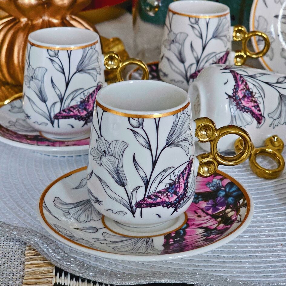 Floral Renkli Yaldızlı 6 Kişilik Kahve Fincan Takımı Por-101737