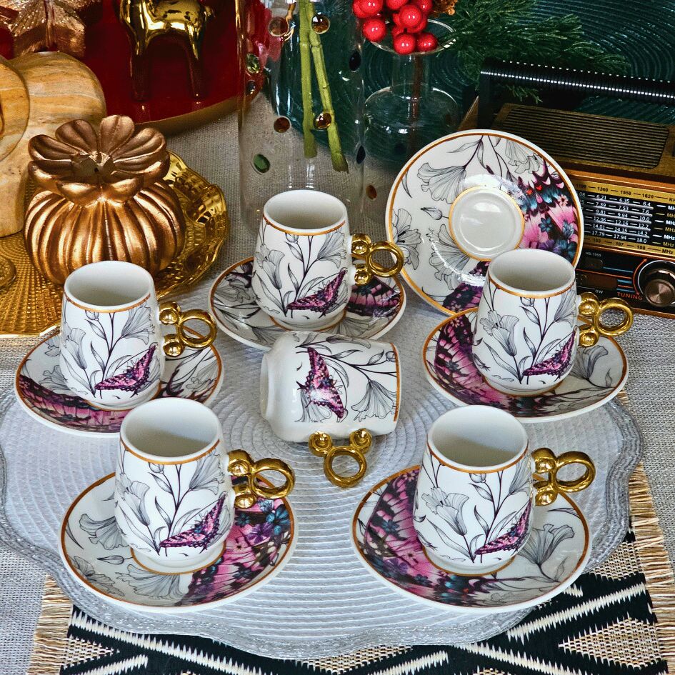 Floral Renkli Yaldızlı 6 Kişilik Kahve Fincan Takımı Por-101737