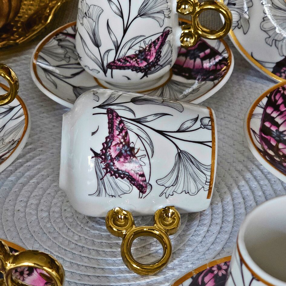 Floral Renkli Yaldızlı 6 Kişilik Kahve Fincan Takımı Por-101737