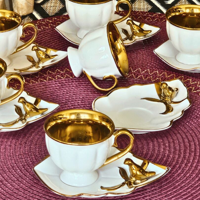 Kuşlu Beyaz Gold Porselen 6 Kişilik Fincan Takımı KRD-3546