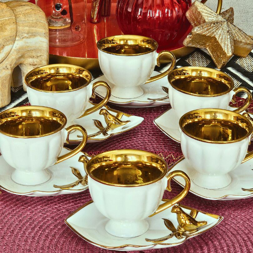 Kuşlu Beyaz Gold Porselen 6 Kişilik Fincan Takımı KRD-3546