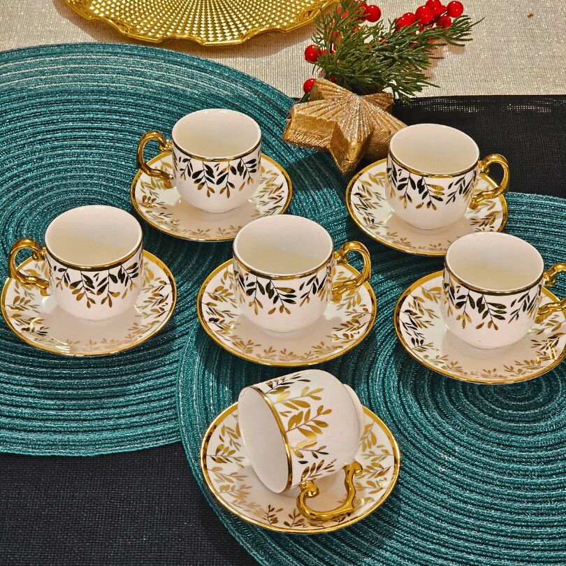 Beyaz Gold Desenli Porselen 6 Kişilik Fincan Takımı YX-230140