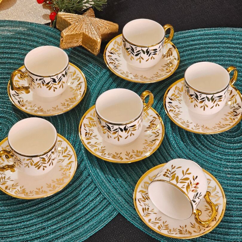 Beyaz Gold Desenli Porselen 6 Kişilik Fincan Takımı YX-230140
