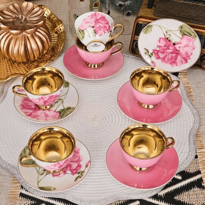 Smyrna Pembe Gold Çiçekli 6 Kişilik Porselen Kahve Fincan Takımı Harlem-725